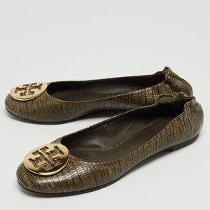 Tory Burch Olive Green Lizard Embossed Leather Minnie Ballet Flat Women’s Size 8